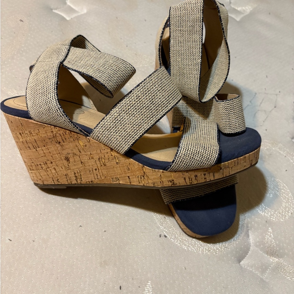Cato Blue and Cream Wedge Sandals with Cork Platform